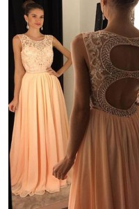 Scoop Sleeveless Chiffon Floor Length Backless Mother Dresses in Peach with Beading and Lace