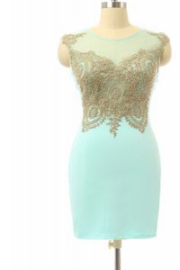Trendy Turquoise Sleeveless Lace Mini Length Mother Dresses
