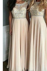 Traditional Champagne Chiffon Side Zipper Bateau Cap Sleeves Floor Length Mother of Bride Dresses Beading