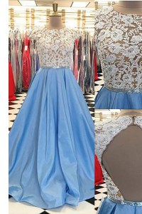 Glamorous Satin Scoop Cap Sleeves Sweep Train Backless Beading and Lace Mother Dresses in Blue