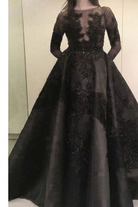 Traditional Black Bateau Neckline Beading and Appliques Mother of Bride Dresses Long Sleeves Zipper