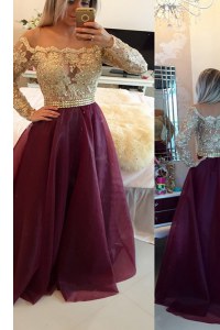 Scoop Long Sleeves Mother of the Bride Dress Floor Length Beading and Appliques Burgundy Organza