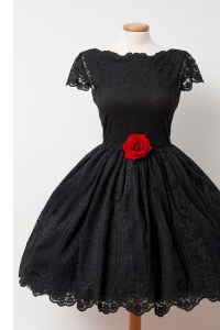 Black Backless Bateau Hand Made Flower Mother of Groom Dress Lace Cap Sleeves