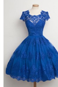 Fitting Scalloped Knee Length Royal Blue Mother of the Bride Dress Lace Cap Sleeves Lace