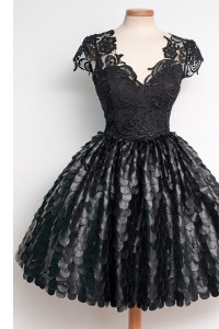 Excellent Black Cap Sleeves Lace Zipper Mother Dresses for Prom and Party