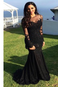 Sophisticated Mermaid Scoop Black Tulle Zipper Mother of Groom Dress Long Sleeves Sweep Train Beading and Lace