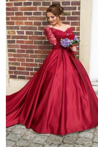 Extravagant Burgundy Ball Gowns Satin Off The Shoulder Long Sleeves Appliques With Train Zipper Mother Dresses Sweep Train