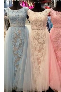 Light Blue A-line Scoop Sleeveless Tulle With Train Sweep Train Zipper Beading and Lace Mother of Bride Dresses