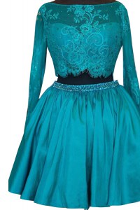 Great Long Sleeves Satin Mini Length Zipper Mother of Bride Dresses in Teal with Beading and Lace