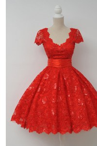 Noble Lace Scalloped Knee Length A-line Cap Sleeves Red Mother of Bride Dresses Zipper