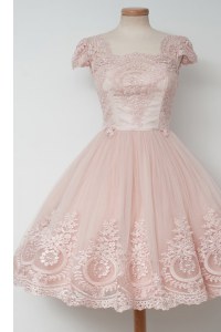 Fancy Baby Pink A-line Lace Mother Dresses Zipper Tulle Cap Sleeves Tea Length