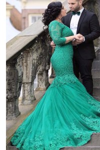 Sexy Mermaid Green V-neck Neckline Beading and Appliques Mother of Bride Dresses Long Sleeves Lace Up