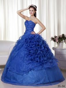 Beaded Sapphire Blue Dress for Quince with Rolling Flowers