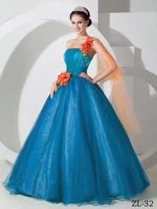 One Shoulder Teal Dresses for Quince with Orange Flowers