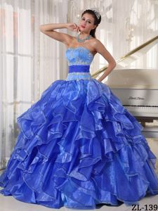 Sapphire Blue Ball Gown Dress for Quince with Appliques Ruffles