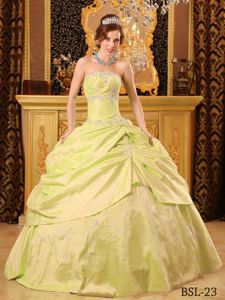 Appliques and Ruches Accent Sweet Sixteen Dresses in Yellow Green