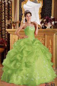 Appliqued Yellow Green Organza Pick ups Sweet Sixteen Dresses