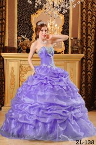 Lavender Organza Sweetheart Quince Dresses with Appliques Pick ups