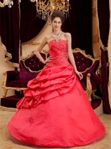 Appliqued Coral Red Quinceanera Gown Dress with One Side Pull Up