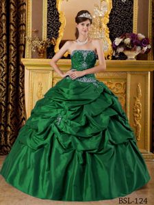 Green Taffeta Strapless Dresses of 15 with Appliques and Pick ups