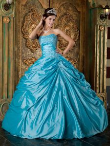 Teal Taffeta Strapless Dresses Quinceanera with Appliques Ruches
