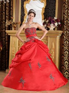 Red Ball Gown Taffeta Dresses for 15 with Pick ups and Embroidery