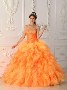 Ruffled and Beaded Sweetheart Dresses for 15 of Orange Organza