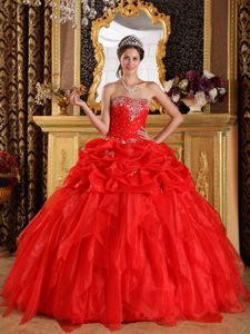 Appliqued Red Organza Strapless Dress for A Quince with Pick ups