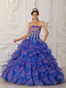 2013 Appliqued Blue and Lavender Dress for A Quince with Ruffles