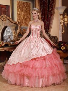 Watermelon Dress for A Quinceanera with Embroidery Ruffled Layers