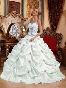 Ruched White Strapless Sweet 16 Dress with Purple Appliques 2013