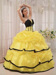 Yellow and Black Sweet Sixteen Quinceanera Dresses with Pick ups