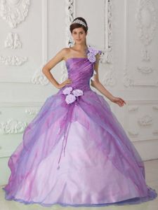 Flowery Ruched One Shoulder Organza Sweet 15 Dress in Lilac