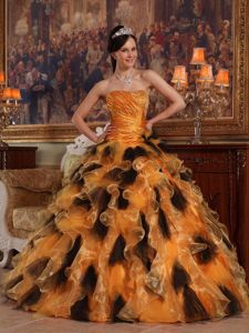 Beaded and Ruched Orange and Black Quinceanera Gowns with Ruffles