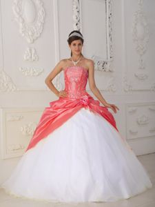 Appliqued Watermelon and White Quinceanera Gowns with Pick ups