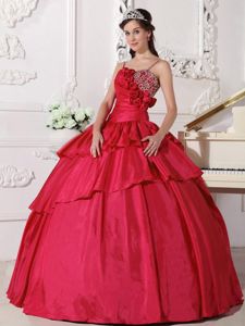 Spaghetti Straps Flowery and Beaded Coral Red Quinceanera Gowns
