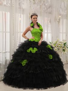 Flowery Halter Ruffles Quinceanera Gown in Black and Spring Green