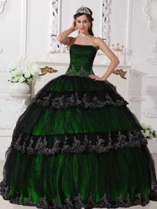 Black and Hunter Green Quinceanera Gown with Ruches and Appliques