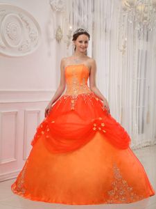 Appliqued Orange Red Strapless Quinceanera Gown of Floor Length