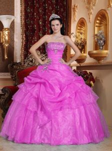 Beaded Fuchsia Strapless Organza Quinceanera Dress with Pick ups