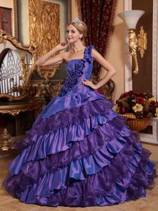 Purple One Shoulder Quinceanera Gown with Ruffles Hand Made Flowers