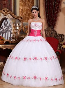 White Strapless Quinceanera Dress with Pink Embroidery and Beading