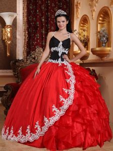 V-neck Red and Black Sweet 16 Dress with Appliques and Ruffles