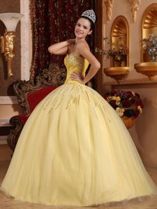 Beaded Sweetheart Light Yellow Quinceanera Dress in Tulle and Organza
