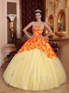 Sweetheart Light Yellow Quinceanera Dress in Tulle and Printed Fabric