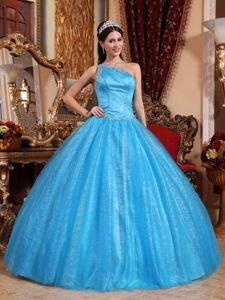 Blue Beaded One Shoulder Sweet 15 Dress in Tulle and Shinning Fabric