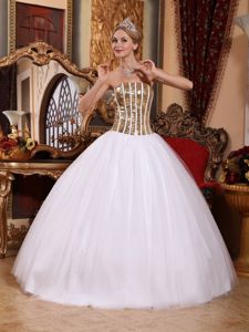 Strapless White Quinceanera Dress in Tulle and Shinning Fabric