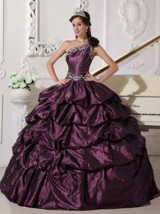 Taffeta One Shoulder Dark Purple Sweet 16 Dress with Pick-ups