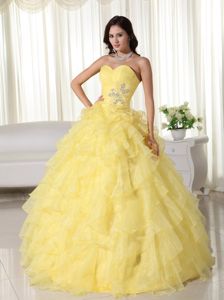 Yellow Multi-Layered Appliqued Quinces Dresses with Ruffles