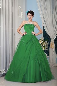 Grass Green Strapless Beading Appliqued Dresses for a Quince